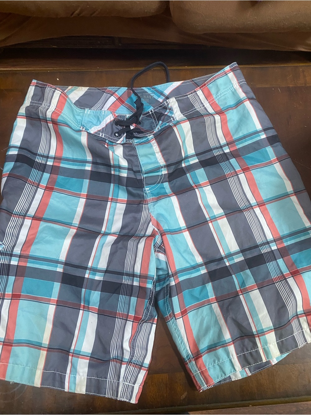 Old Navy Teal, Navy and Red Plaid Swim Trunks